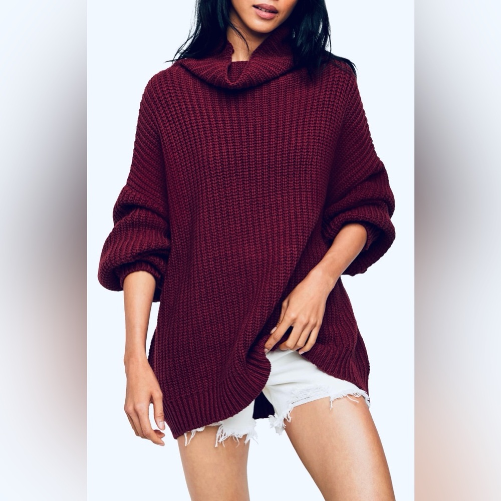 Free People Swim Too Deep Oversized Knit Turtleneck Sweater S Burgundy Red